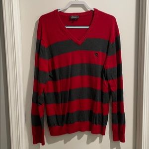 Striped red and grey v neck sweater